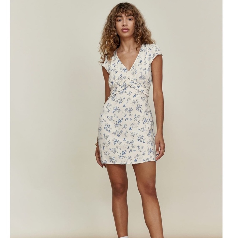 Reformation Janine cap sleeve v-neck ruffle back tie mini dress